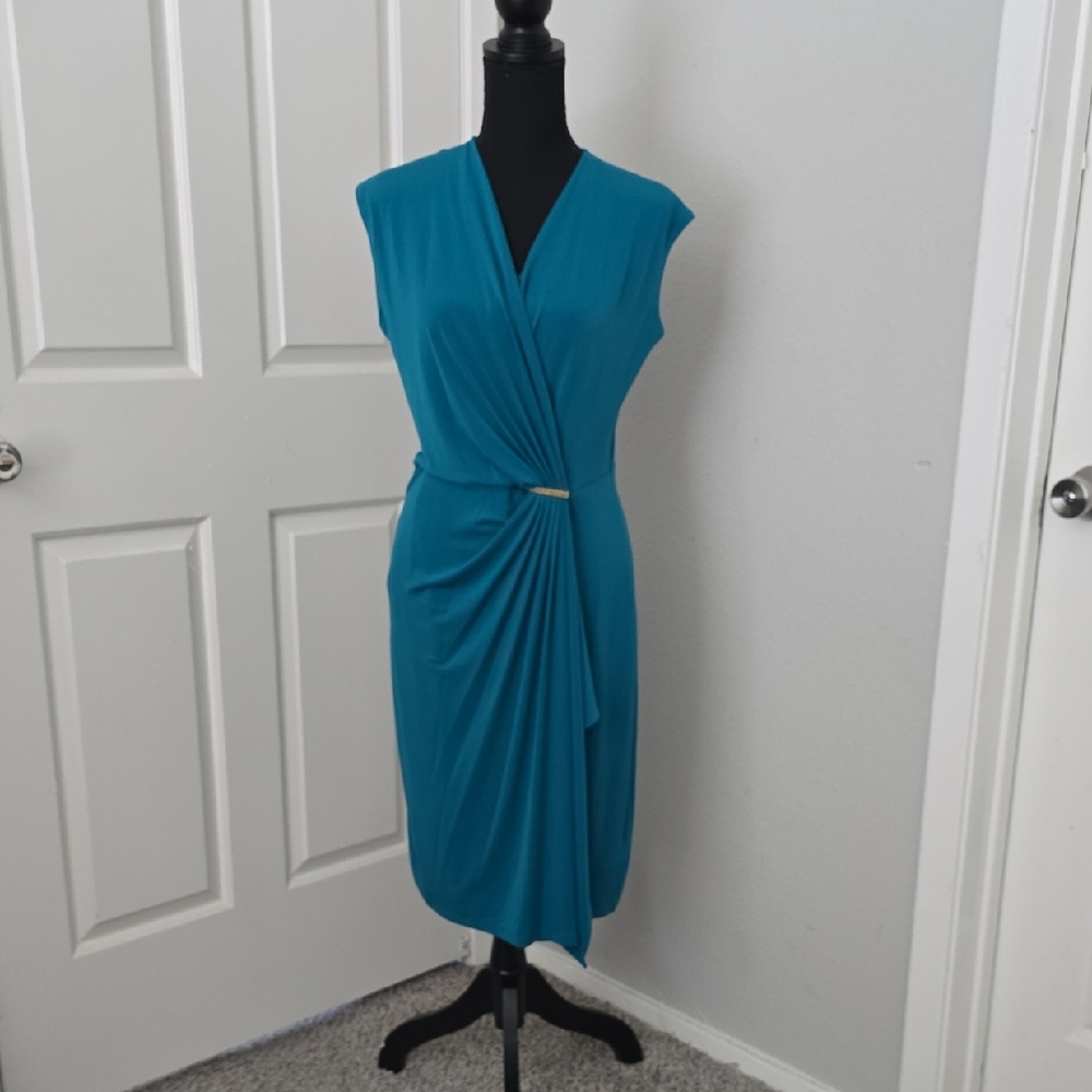 Michael Kors Teal Wrap-Style Midi Dress